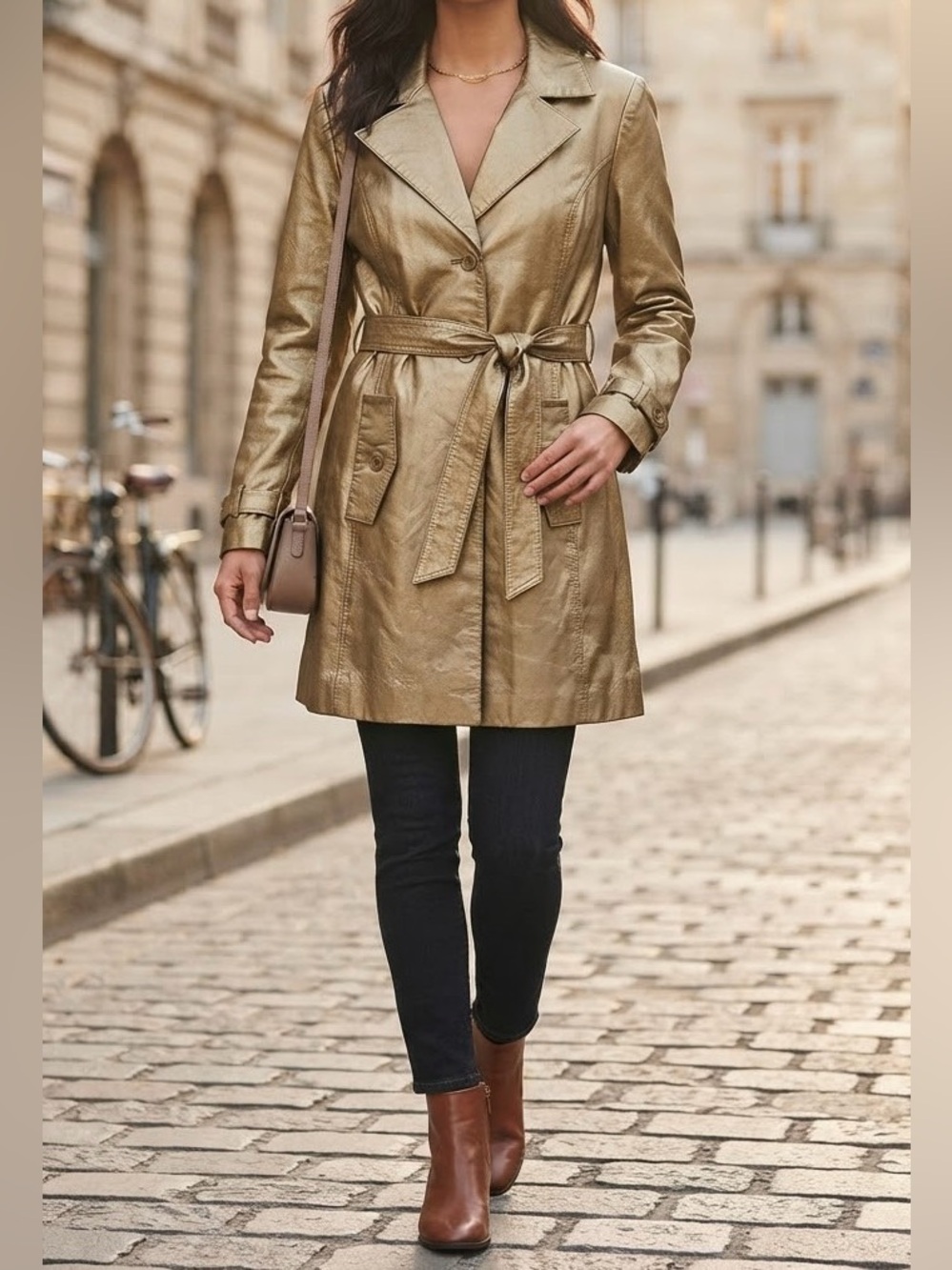 Centigrade Metallic Gold Leather Trench Coat Belted Jacket Size 1X Boho Glam Y2K
